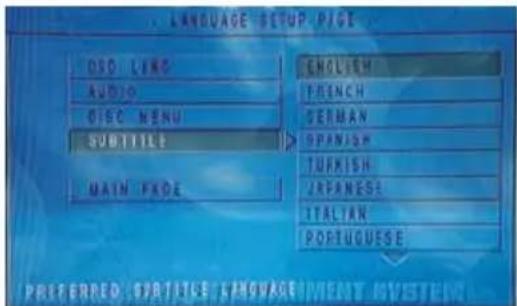 LANGUAGE SETUP PIGE OSO LING AUDIO DISC MENU SUBTITLE MAIN FACE EMGLISH FRENCH GERMAN SPANISH TUFNI SH JAPANESE ITALIAN PORTUQUESE PREFERRED SUBTITLE LANGUAGE MEAT SYSTEM
