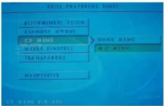 SEITE PRAFERENZ EINLET BICKWinkel ZEICH STANDRY MODUS CD MENU WORKS EINSTELL TRANSPARENZ MAUPTESITE OHNE MENU MIT MENU CD MENU SIN AUS