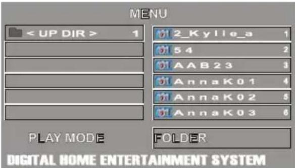 MENU < UP DIR > 1 2_Kylle_a 1 54 2 AAB23 3 AnnaK01 4 AnnaK02 5 AnnaK03 6 PLAY MODE FOLDER DIGITAL HOME ENTERTAINMENT SYSTEM
