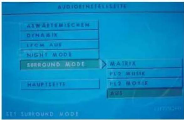 AUDIOSTEELSEITE ALWARTSEMISCHEN DYNAMIK EFCM AUS NIGHT MODE SURROUND MODE HauptSEITE MATRIX PL2 MUSIC PL2 MOVIE AUS SET SURROUND MODE