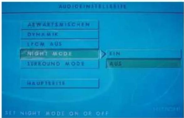 AUDIOINATELLERITE ABWARTSMISCHEN DYNAMIK LPCM AUS NIGHT MODE EIN SURROUND MODE AUS HAUPTEBITE SET NIGHT MODE ON OR OFF