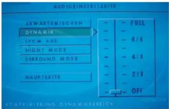 AUDIOIEINSTEILESITE ABWARTENISCHEN DYNAMIK LFCM AUS NIGHT MODE SURROUND MODE HAUPTSEITE FULL 6/8 4/8 2/8 OFF KOMPRIEMBUNG DYNAMIKBEREICH