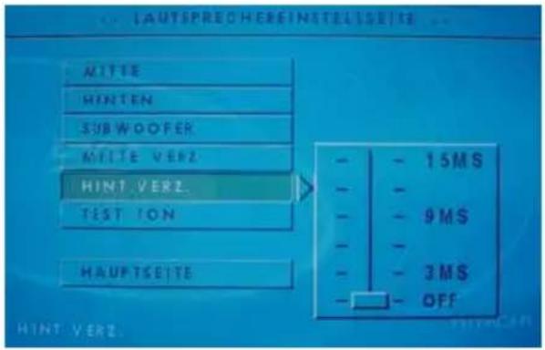 LAUTSPRECHERESINGTELISSEIT MITEE HINTEN SUBWOOFER MITE VERZ HINT VERZ. TEST ON HAUPTSETTE - 15MS - 9MS - 3MS - OFF HINT VERZ.