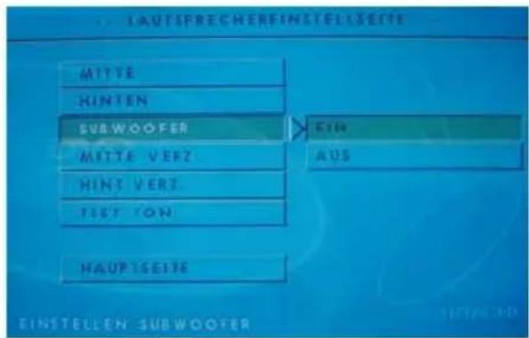 AUTSPRECHERFINGTELESTE MITTE HINTEN SUBWOOFER MITTE VERZ HINT VERZ TLET ON HAUP1SEITE EIN AUS EINSTELLEN SUBWOOFER