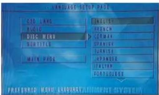 LANGUAGE SETUP PAGE OSD LANG AUDIO DISC MENU SUBTITLE MAIN PAGE ENGLISH FRENCH GERMAN SPANISH FURNISH APANESE ITALIAN PORTUGUEGE PREFEBRID MENU LANGUAGE/ATTMENT SYSTEM