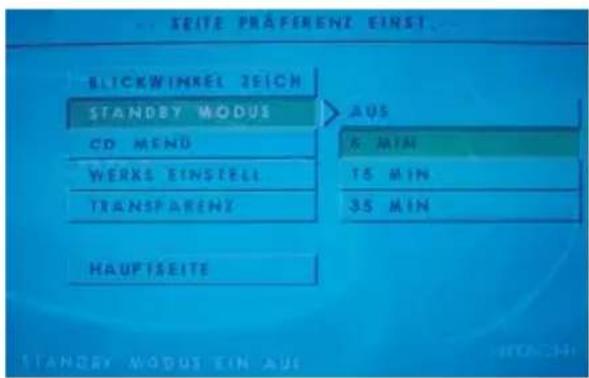 SEITE PRAFRENZ EINST BEICHWinkel ZEICH STANDBY MODUS CD MEND WERKS EINSTELL TRANSPARENZ HAUFISEITE AUS 5 MIN 15 MIN 35 MIN STANDBY MODUS EIN AUS