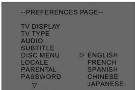 --PREFERENCES PAGE-- TV DISPLAY TV TYPE AUDIO SUBTITLE DISC MENU ▷ ENGLISH LOCALE FRENCH PARENTAL SPANISH PASSWORD CHINESE ▽ JAPANESE