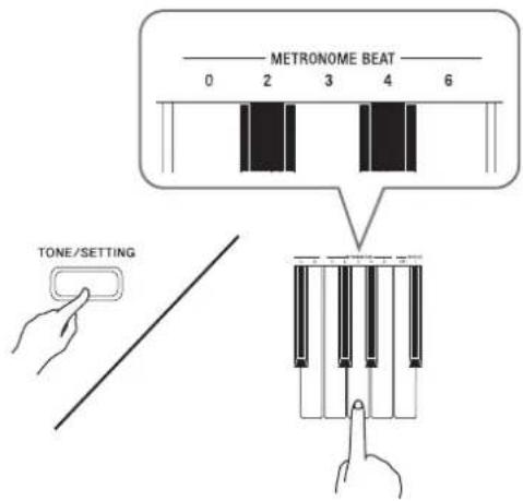 CASIO Privia PX-720C - Zum Ändern des Takts wählen Sie bei gedrückt gehaltener TONE/SETTING-Taste mit einer der METRONOME BEAT-Tasten die gewünschte Takteinstellung. - 1