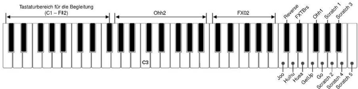 Tastaturbereich für die Begleitung (C1 - F#2) Ohh2 FX02 C3 Reverse FXTRs Ohh1 Scratch 1 Scratch 3 Joo Huihu Huea GetUp Go Scratch 2 Scratch 4 Scratch 5