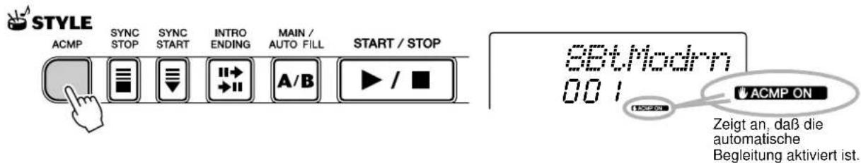 STYLE ACMP SYNC STOP SYNC START INTRO ENDING MAIN / AUTO FILL START / STOP SBtModrn 001 ACMP ON Zeigt an, daß die automatische Begleitung aktiviert ist.
