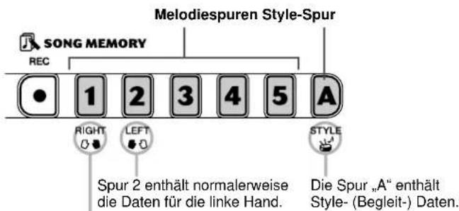 SONG MEMORY REC Melodiespuren Style-Spur 1 2 3 4 5 A RIGHT LEFT STYLE Spur 2 enthält normalerweise die Daten für die linke Hand. Die Spur „A“ enthält Style- (Begleit-) Daten.