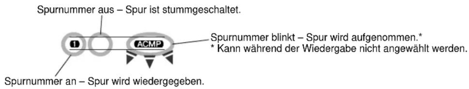 Spurnummer aus – Spur ist stummgeschaltet. Spurnummer blinkt – Spur wird aufgenommen.* * Kann während der Wiedergabe nicht angewählt werden. Spurnummer an – Spur wird wiedergegeben.