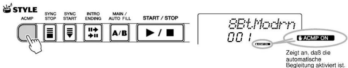 STYLE ACMP SYNC STOP SYNC START INTRO ENDING MAIN / AUTO FILL START / STOP 88t.Modrm 001 ↓ACMP ON Zeigt an, daß die automatische Begleitung aktiviert ist.