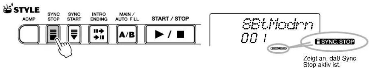 STYLE ACMP SYNC STOP SYNC START INTRO ENDING MAIN / AUTO FILL START / STOP 88tModm 001 SYNC.STOP Zeigt an, daß Sync Stop aktiv ist.