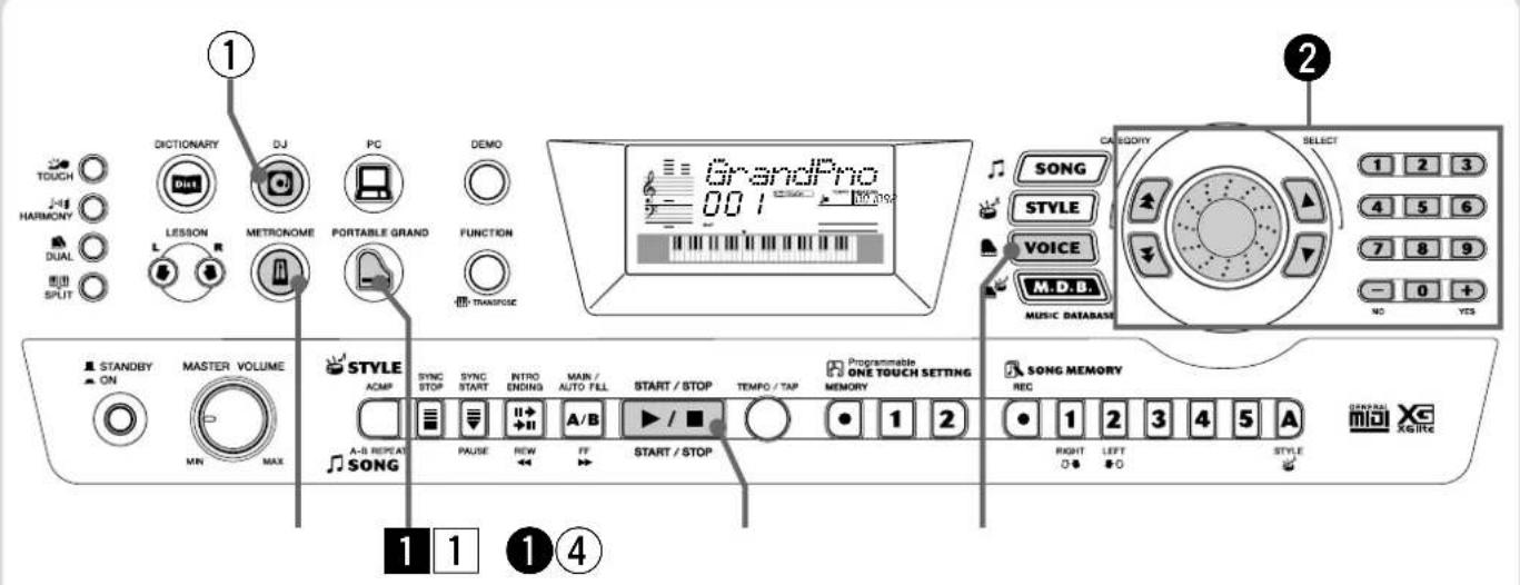 TOUCH HARMONY DUAL SPLIT DICTIONARY DJ PC DEMO LESSON METRONOME PORTABLE GRAND FUNCTION TRANSPOSE STANDBY ON MASTER VOLUME MIN MAX STYLE ACMP SYNC STOP SYNC START INTRO ENDING MAIN/AUTO FILL START / STOP TEMPO / TAP PROGRAMMABLE ONE TOUCH SETTING MEMORY SONG MEMORY REC A-S REPEAT SONG PAUSE REW FF START / STOP 1 1 1 4 2 CATEGORY SELECT 1 2 3 4 5 6 7 8 9 - 0 + NO YES SPECTRANG XG XGIRCE