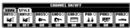 CHANNEL ON/OFF SUNN STYLE RHY1○ RHY2○ BASS○ GND1○ GND2○ PAD ○ PHR1○ PHR2○ ON OFF ON ON ON ON ON ON