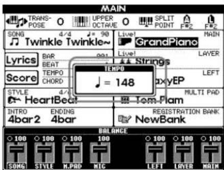 MAIN TRANS- POSE O UPPER OCTAVE SPLIT POINT F#2 F#2 SONG 4/4 J = 90 Live! GrandPiano MAIN Twinkle Twinkle~ Livel Live! LAYER LYrics BAR BEAT TEMPO SCORE CHORD Strengths TEMPO = 148 ProxyEP STYLE 4/4 MULTI PAD HeartBeat Tom-Plam INTRO ENDING REGISTRATION BANK 4bar2 4bar NewBank BALANCE 100 100 100 100 100 100 100 SONG STYLE M.PRO MIC LEFT LOWER MAIN