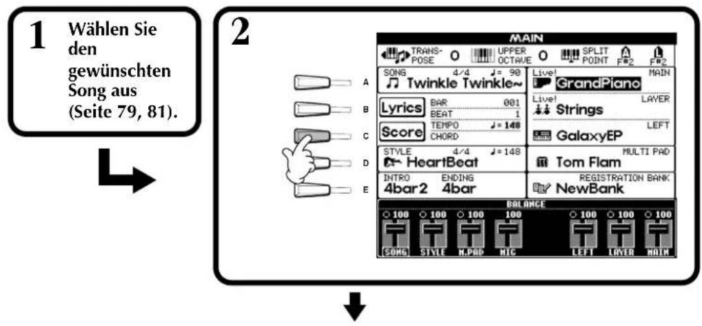 1 Wählen Sie den gewünschten Song aus (Seite 79, 81). 2 MAIN TRANS- POSE O UPPER OCTWUE SPLIT POINT F#2 F#2 SONG 4/4 J = 90 Live! GrandPiano Twinkle Twinkle~ Lyrics BAR 001 Live! BEAT 1 Tempo J = 148 Strings LAYER Score CHORD LEFT STYLE 4/4 J = 148 GalaxyEP MULTI PAD HeartBeat Tom Flam INTRO ENDING REGISTRATION BANK 4bar 2 4bar NewBank BALANCE 100 100 100 100 100 100 100 SONG STYLE M.PAD NIC LEFT LAYER MAIN