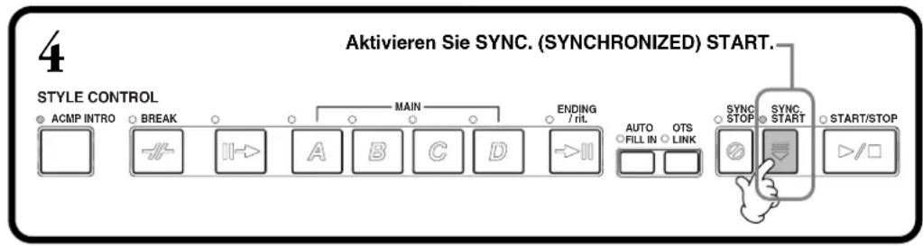 4 Aktivieren Sie SYNC. (SYNCHRONIZED) START. STYLE CONTROL ACMP INTRO BREAK MAIN ENDING / rit. AUTO FILL IN OTS LINK SYNC STOP SYNC. START START/STOP