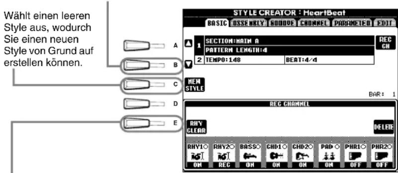 Wählt einen leeren Style aus, wodurch Sie einen neuen Style von Grund auf erstellen können. STYLE CREATOR : HeartBeat BASIC 10000000000000000000000000000000000000000000000000000000000000000000000000000 SECTION:MAIN A PATTERN LENGTH:4 TEMP:148 BEAT:4/4 REC CH NEW STYLE BAR: 1 REC CHANNEL RHY CLEAR DELETE RHY1O RHY2O BASSO CHD1 O CHD2O PAD O PHR1O PHR2O ON REC ON ON ON ON OFF OFF