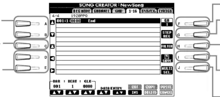 SONG CREATOR : NewSong DEC MODE GROUPE CHD 1-16 SYSTEM LYRICS 4/4 1920PPQ A ▲ 001:1:0000 End B ▼ C ▲ D ▼ E ▲ CH 1 STEP REC FILTER H I J SALVE MULTI SEL. BAR : BEAT : CLK- 001 1 0000 DATA ENTRY COT COPY POSTE ▲▼ ▲▼ ▲▼ ▲▼ INS DELETE CONSEL