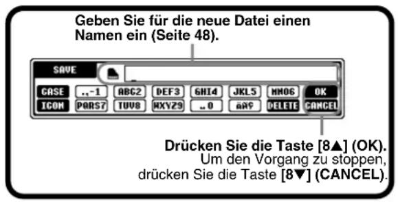 Geben Sie für die neue Datei einen Namen ein (Seite 48). SAVE CASE ..-1 ABC2 DEF3 GHI4 JKL5 HNO6 OK ICON PORS7 TU08 MXYZ9 .. 0 aAR9 DELETE CANCEL Drücken Sie die Taste [8▲] (OK). Um den Vorgang zu stoppen, drücken Sie die Taste [8▼] (CANCEL).