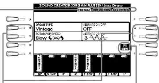 SOUND CREATOR(ORGAN FLUTES): Jazz Draw GAMES FOR REFRANCE POWER/INR A B C D E ORGAN TYPE Vintage ROTARY OF SPEED Slow 3 V UNITED ON/OFF OFF UNITED DEF 3 V F G H J 10° 5 1/2" 0 4' 2 2/3" 2 1 1/3" 1'