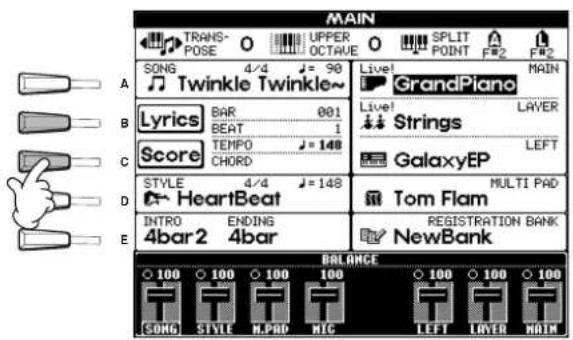 MAIN TRANS- POSE O UPPER O SPLIT A OCTAVE POINT F2 F2 SONG 4/4 = 90 Live! MAIN Twinkle Twinkle~ Live! GrandPiano LAVER Bar 001 Live! Strings BEAT 1 Tempo = 148 GalaxyEP LEFT Score CHORD STYLE 4/4 = 148 MULTI PAD HeartBeat Tom Flam INTRO ENDING REGISTRATION BANK 4bar2 4bar NewBank BALANCE 100 100 100 100 100 100 100 SONG STYLE N.PAD BIG LEFT LOWER MAIN