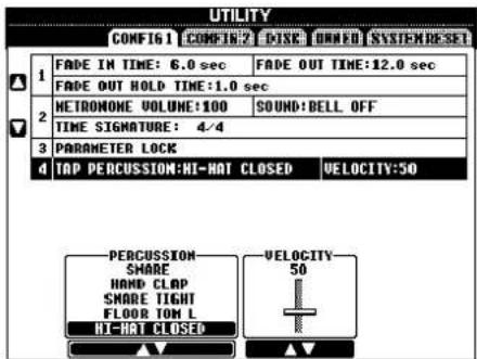 UTILITY CONFIG 1 CONFIG 2 DISE OWNED SYSTEMRESET 1 FADE IN TIME: 6.0 sec FADE OUT TIME:12.0 sec 2 FADE OUT HOLD TIME:1.0 sec 3 NETRONONE VOLUME:100 SOUND:BELL OFF 4 TIME SIGNATURE: 4/4 5 PARAMETER LOCK 6 TAP PERCUSSION:HI-HAT CLOSED VELOCITY:50 PERCUSSION SHARE HAND CLAP SHARE TIGHT FLOOR TOM L HI-HAT CLOSED VELOCITY: 50