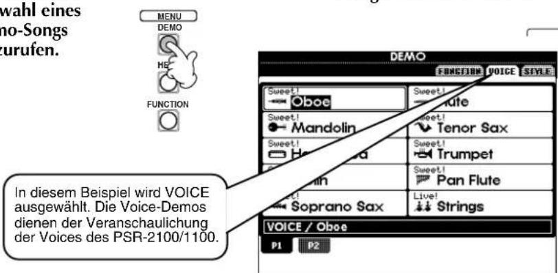 wahl eines no-Songs kurufen. MENU DEMO HE FUNCTION SWEET! Oboe Sweet! Mandolin Sweet! Hera Sweet! Soprano Sax Sweet! Tenor Sax Sweet! Trumpet Sweet! Pan Flute Live! Strings VOICE / Oboe P1 P2 IN diesem Beispiel wird VOICE ausgewählt. Die Voice-Demos dienen der Veranschaulichung der Voices des PSR-2100/1100.
