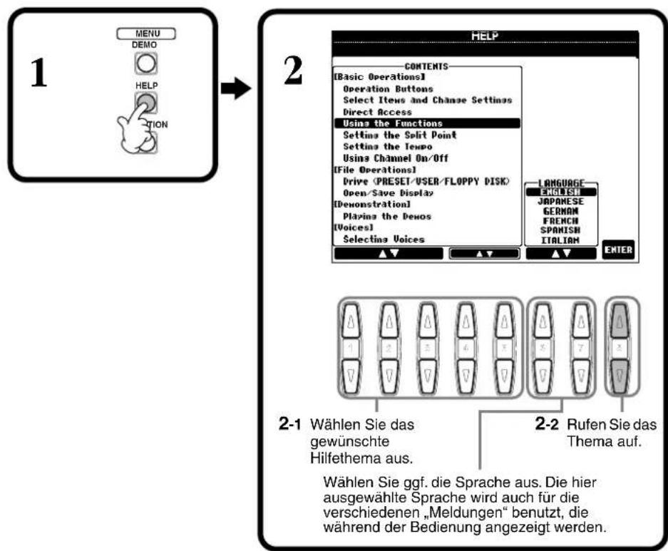 1 MENU DEMO HELP TION 2 HELP CONTENTS [Basic Operations] Operation Buttons Select Items and Change Settings Direct Access Using the Functions Setting the Split Point Setting the Tempo Using Channel On/Off [File Operations] Drive (PRESET/USER/FLOPPY DISK) Open/Save Display [Demonstration] Playing the Demos [Voices] Selecting Voices LANGUAGE ENGLISH JAPANESE GERMAN FRENCH SPANISH ITALIAN ENTER 2-1 Wählen Sie das gewünschte Hilfethema aus. Wählen Sie ggf. die Sprache aus. Die hier ausgewählte Sprache wird auch für die verschiedenen „Meldungen“ benutzt, die während der Bedienung angezeigt werden. 2-2 Rufen Sie das Thema auf.