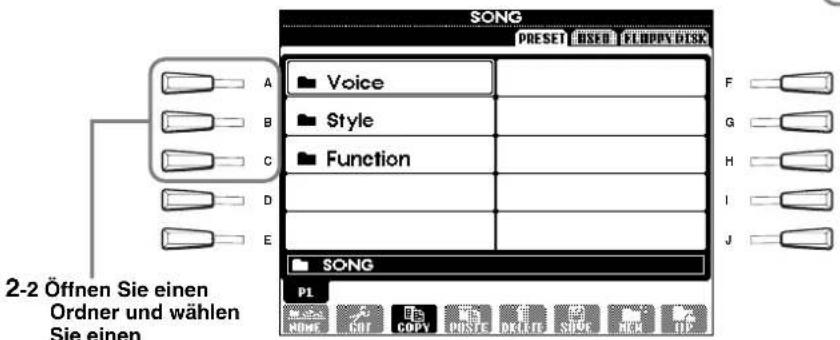 SONG PRESET USED FLUOPY DISK A Voice B Style C Function D E F G H I J 2-2 Öffnen Sie einen Ordner und wählen Sie einen SONG P1 NAME GUT COPY PRTSIC DRLIFE SUDR HCM TIP