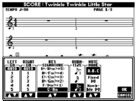 SCORE : Twinkle Twinkle Little Star TEMP0 J=90 PAGE 1/3 1 2 3 4 LEFT RIGHT KEY QUAN- NOTE CH CH SIGNATURE TILZE NAME AUTO AUTO D+/B+m(+)5 A.B.C 1 1 B+/Fa(+)4 Fixed 2 2 E+/Ca(+)3 DO 3 3 B+/Gn(+)2 4 4 F/Dn(+)1 Mova- 5 5 C/Am B-ble DO OK A▼ ▲ ▼ ▲ ▼ ▲ GANCEL
