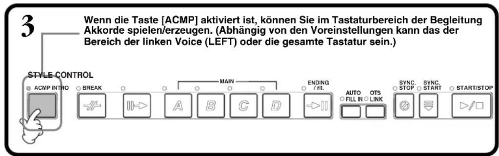 3 Wenn die Taste [ACMP] aktiviert ist, können Sie im Tastaturbereich der Begleitung Akkorde spielen/erzeugen. (Abhängig von den Voreinstellungen kann das der Bereich der linken Voice (LEFT) oder die gesamte Tastatur sein.) STYLE CONTROL ACMP INTRO BREAK MAIN ENDING / fit. AUTO FILL IN OTS LINK SYNC. STOP SYNC. START START/STOP