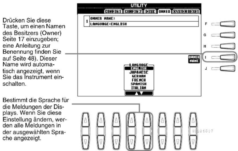 DRücken Sie diese Taste, um einen Namen des Besitzers (Owner) Seite 17 einzugeben; eine Anleitung zur Benennung finden Sie auf Seite 48). Dieser Name wird automatisch angezeigt, wenn Sie das Instrument einschalten. Bestimmt die Sprache für die Meldungen der Displays. Wenn Sie diese Einstellung ändern, werden alle Meldungen in der ausgewählten Sprache angezeigt.