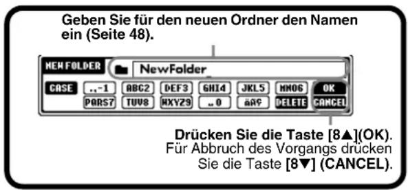 Geben Sie für den neuen Ordner den Namen ein (Seite 48). NEW FOLDER NewFolder CASE ..-1 ABC2 DEF3 GHI4 JKL5 HNO6 OK PARS7 TUV8 MXYZ9 ..0 a#C DELETE CANCEL Drücken Sie die Taste [8▲](OK). Für Abbruch des Vorgangs drücken Sie die Taste [8▼] (CANCEL).