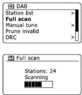 DAB Station list > Full scan Manual tune > Prune invalid DRC > Full scan Stations: 24 Scanning