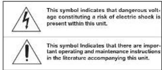 This symbol indicates that dangerous voltage constituting a risk of electric shock is present within this unit. This symbol indicates that there are important operating and maintenance instructions in the literature accompanying this unit.