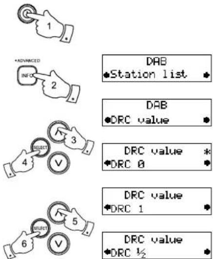 1 +ADVANCED INFO 2 DAB Station list DAB DRC value 3 4 SELECT V 5 DRC value * DRC 0 DRC value DRC 1 DRC value DRC ½