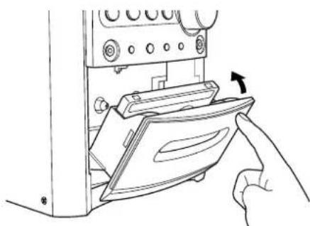 Line drawing of a hand inserting a device into a rack, with no visible text or symbols