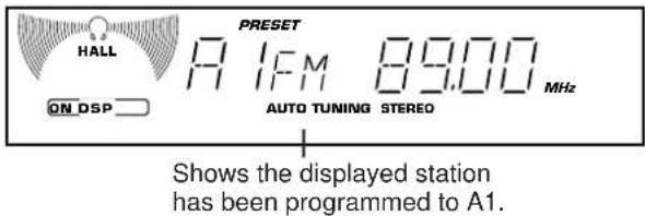 HALL ON DSP PRESET A 1PM 89.00 MHz AUTO TUNING STEREO Shows the displayed station has been programmed to A1.