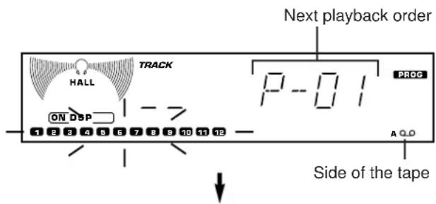 NEXT PLAYBACK ORDER TRACK HALL ON DSP 1 2 3 4 5 6 7 8 9 10 11 12 P-01 PROG A Q.O Side of the tape