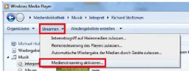 Windows Media Player Medienbibliothek > Musik > Interpret > Richard Stoltzman Organisieren ▼ Streamen ▼ Wiedergabeliste erstellen ▼ Intermetzugriff auf Heimmmedien zulassen... Remotesteuerung des Players zulassen... Automatische Wiedergabe der Medien durch Geräte zulassen... Medienstreaming aktivieren...