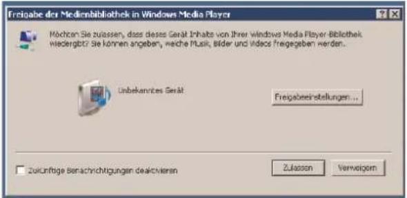 Freitag der Medimbibliothek in Windows Media Player Möchcon Sie zulassen, dass dieses Gerät Inhats von Ihrer windows Media Player-Bibliothek wiedergibt? Sie können angeben, welche Musik, Bilder und Videos fregegeben werden. Unbekennites Gerät Freitagseinstellungen... Zukünftige Berechnichtigungen deaktivieren Zulassen Verweigern