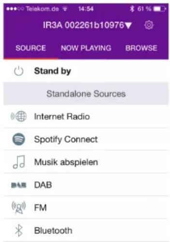 Telekom.de 14:54 61% IR3A 002261b10976 SOURCE NOW PLAYING BROWSE Stand by Standalone Sources Internet Radio Spotify Connect Musik abspielen DAB FM Bluetooth