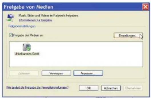 Freigabe von Medien Music, Bilder und Videos in Network freigaben Informatoren zur Freigabe Freigabes stellungen Fregabe der Medien an: Einstellungen Unbekanntes Grotat Zukassen Verwagen Anpassen... We sindet die Fregabe der Einstellungen? OK Abrechen Übernehmen