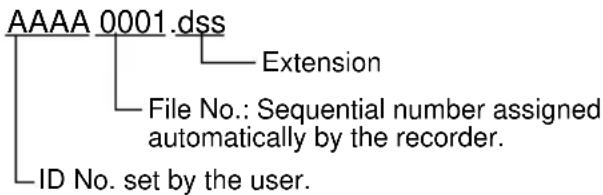 AAAA 0001.dss Extension File No.: Sequential number assigned automatically by the recorder. ID No. set by the user.