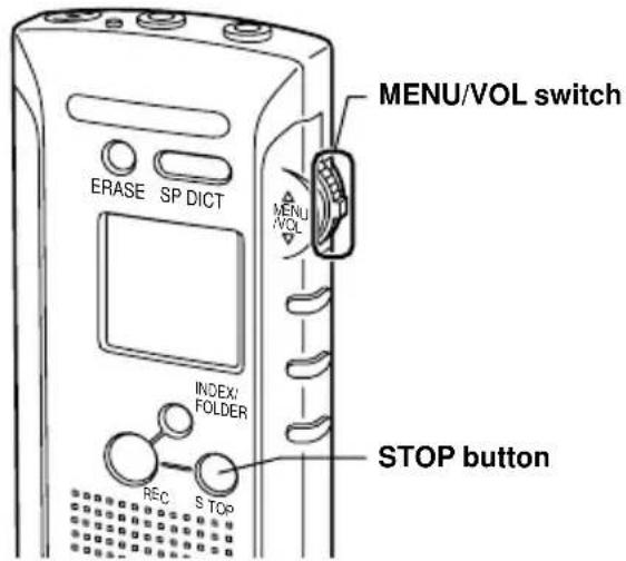 MENU/VOL switch ERASE SP DICT INDEX/ FOLDER REC S TOP STOP button