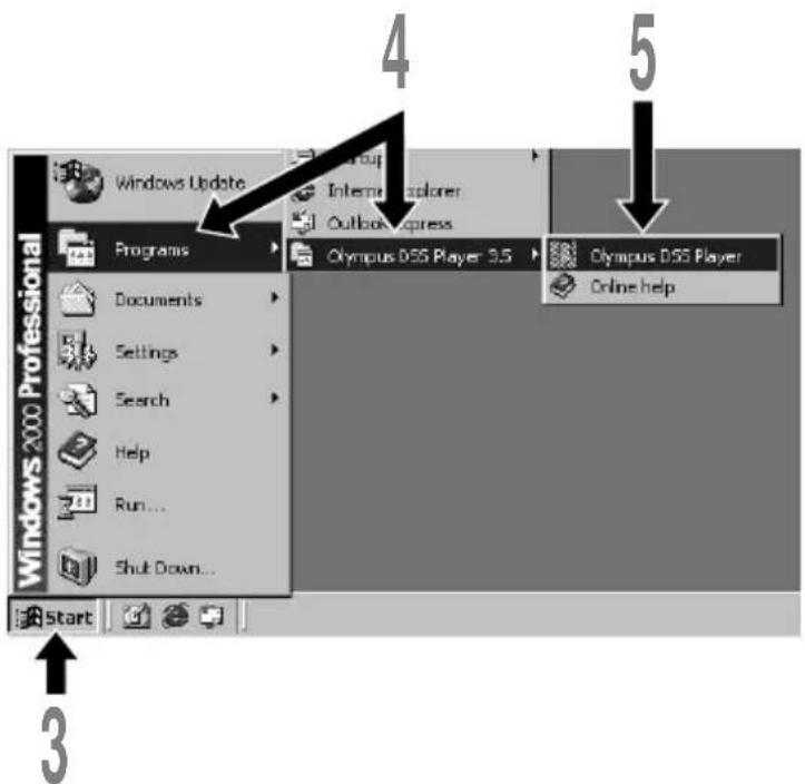 Windows 2000 Professional Start 3 4 5 Programs Documents Settings Search Help Run... Shut Down... Windows Update Internal Explorer Outlook Express Olympus DSS Player 3.5 Olympus DSS Player Online help