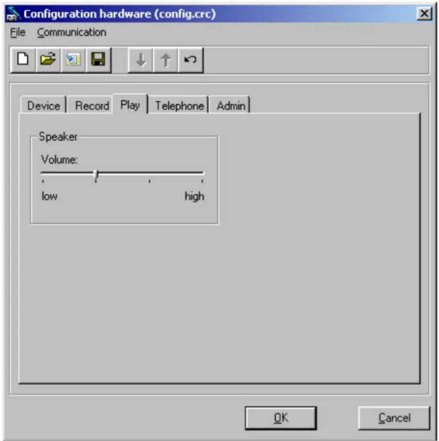 Configuration hardware (config.crc) File Communication Device Record Play Telephone Admin Speaker Volume: low high OK Cancel